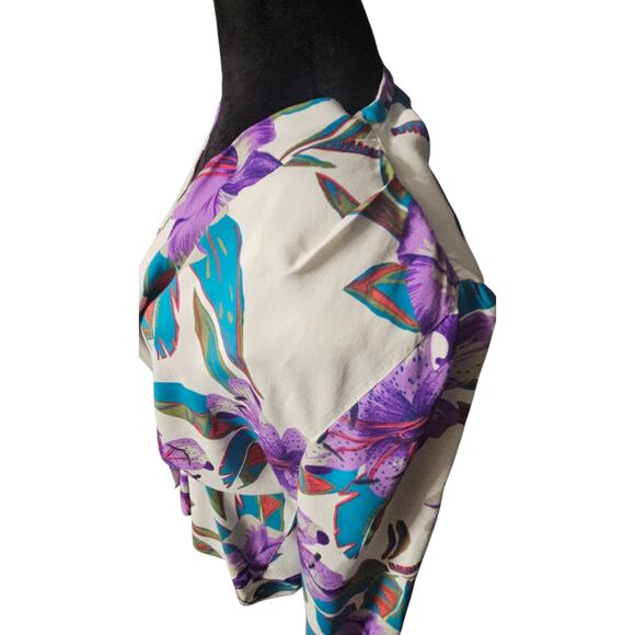 Vintage 80s Tropical Floral Blouse Tie Front Purple Teal Shoulder Pads Top M - Picture 7 of 14